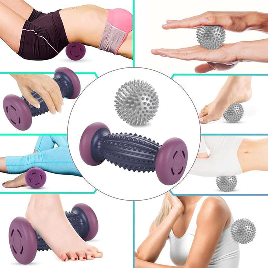 Purple and black foot massage roller with spiked cylinder and three massage balls