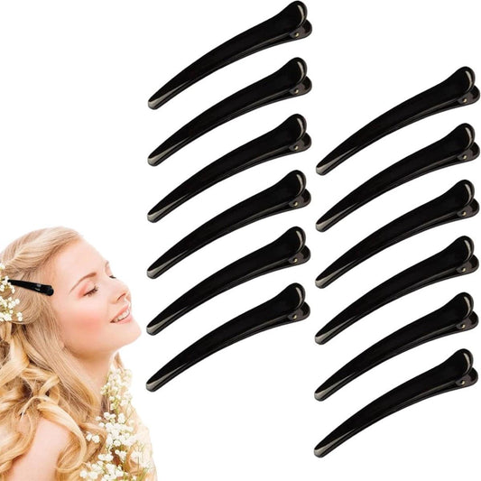 Black flat-nose hair clips, clamp style, set of 12