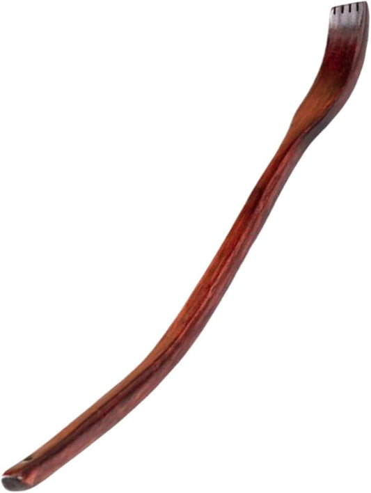 Wooden ergonomic back scratcher with curved handle and small scratching tips