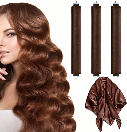 Brown satin heatless curlers set of 3 with matching hair scarf