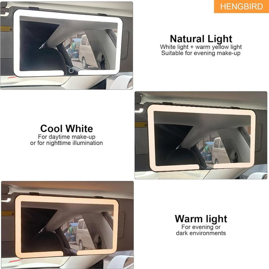Car sun visor makeup mirror with bright LED backlit panel in white housing