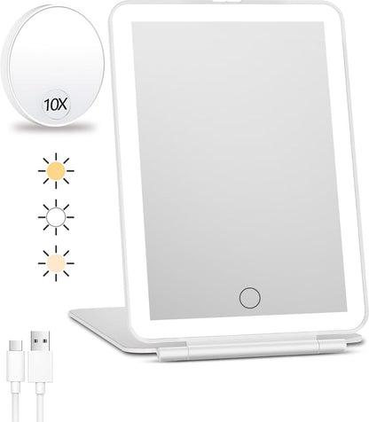 Rechargeable travel makeup mirror with lighting - 10x magnification - portable illuminated makeup mirror - 80 LEDs - 2000 mAh battery - 3-color lighting - touch dimming - tabletop