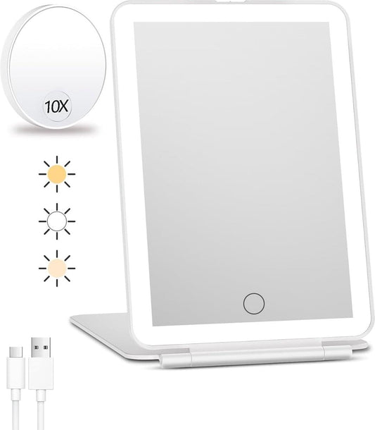White rechargeable tabletop makeup mirror with 10x magnifier and LED lights