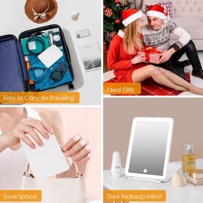 Rechargeable travel makeup mirror with lighting - 10x magnification - portable illuminated makeup mirror - 80 LEDs - 2000 mAh battery - 3-color lighting - touch dimming - tabletop