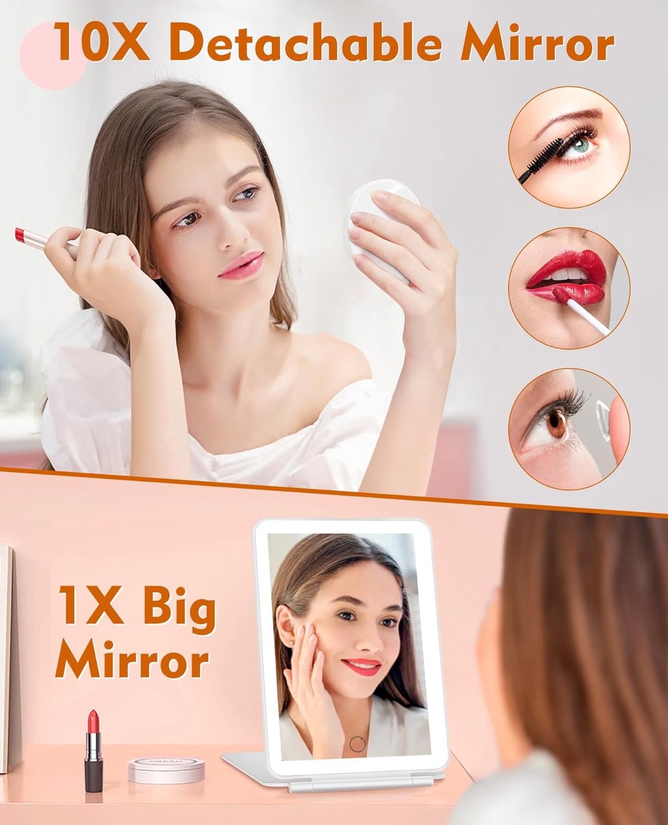 Rechargeable travel makeup mirror with lighting - 10x magnification - portable illuminated makeup mirror - 80 LEDs - 2000 mAh battery - 3-color lighting - touch dimming - tabletop
