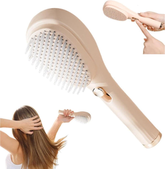Beige anti-tangle hairbrush with air-cushion massage pins and one-click cleaning head