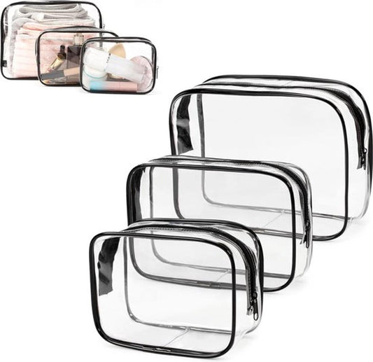 Transparent toiletry bag set with black trim, three clear zip pouches