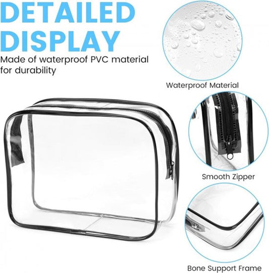 Clear rectangular toiletry organizer pouch with black zipper and border