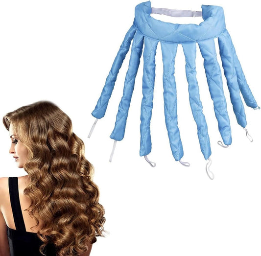 Blue satin heatless hair curler headband with long curling strips and white cords