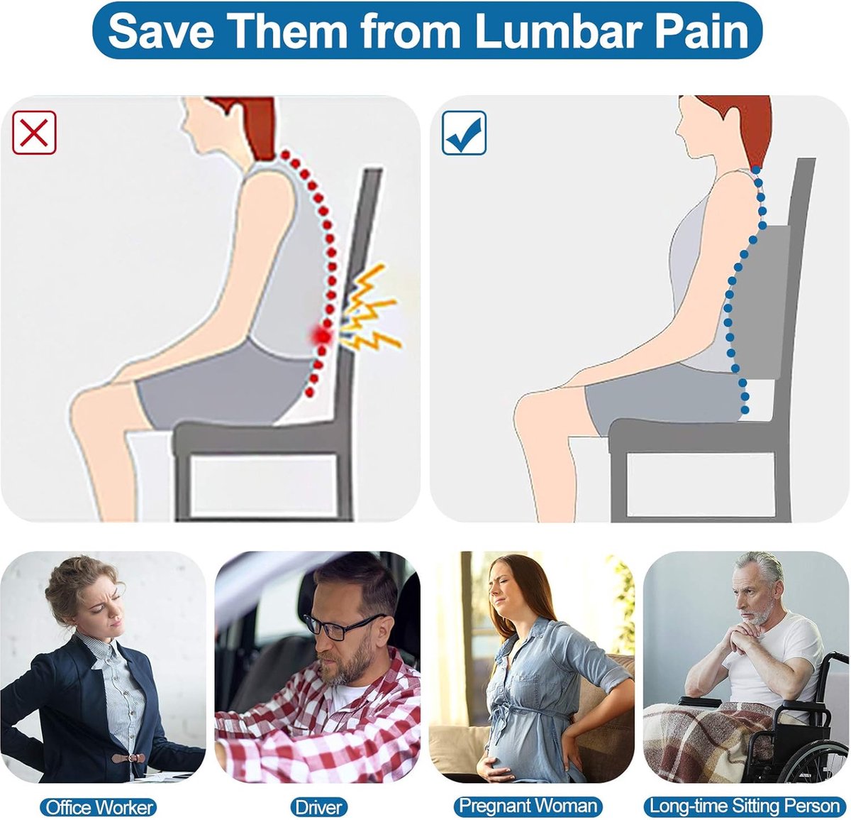 Ergonomic Lower Back Cushion - Memory Foam - Back Support - Lumbar Support - Relieve Fatigue - For Car, Office Chair, Sofa and Bed - Car Cushion - Working from Home - Grey - Back Pain & Sitting Comfort