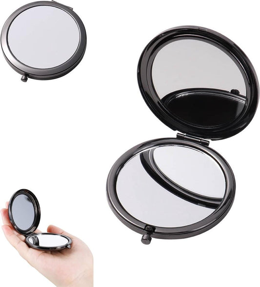Black compact double-sided foldable makeup mirror, open view.