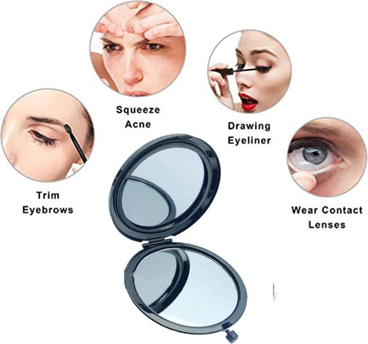 Black foldable makeup mirror with circular reflective surfaces, compact design.