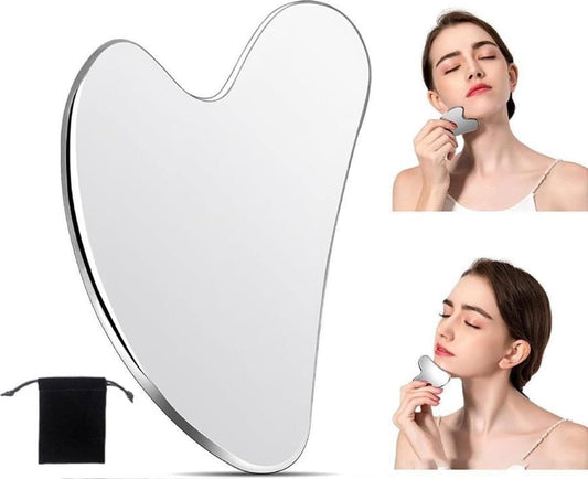 Stainless steel gua sha plate with smooth curved edges, gray-silver