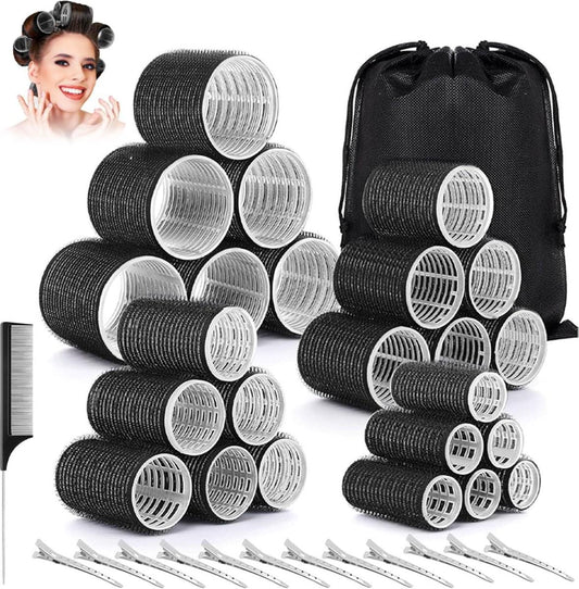 Black hair curler roller set with multiple cylinder rollers, comb pieces, and bag
