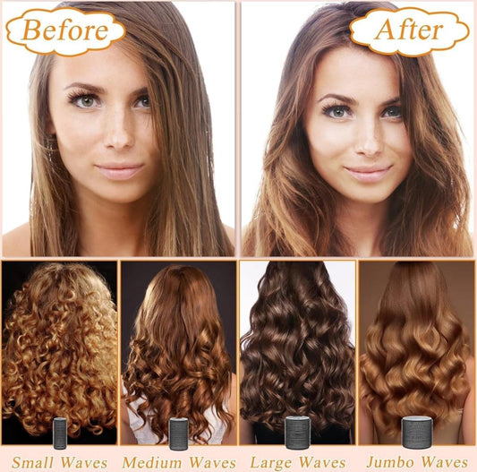 Hair roller curl effects showing small to jumbo waves on styled hair