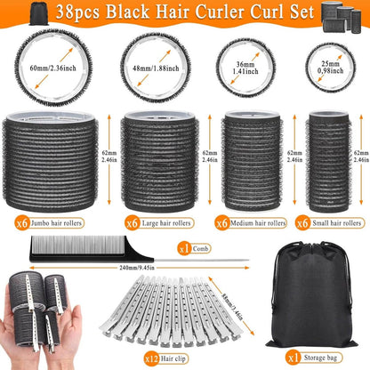 Curlers - 38 Pieces - 4 Sizes - Heatless Curls - Hair Rollers - Hair Curler - Adhesive Rollers - Hair Rollers - Curlers - Heatless Curls - Hair Curler - With Comb, 12 Hair Clips And Storage Bag - Various Curling Effects - Black