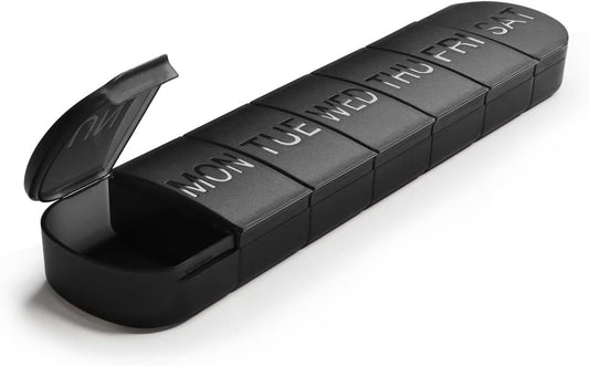 Black 7-day pill organizer with hinged lid and seven individual day compartments