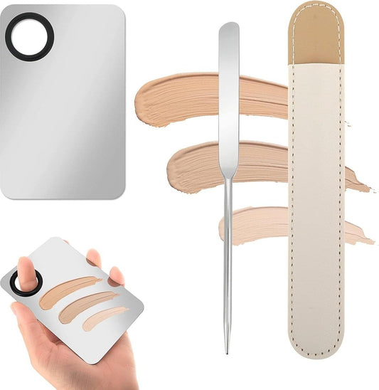 Transparent makeup mixing palette with black thumb hole, metal spatula and case
