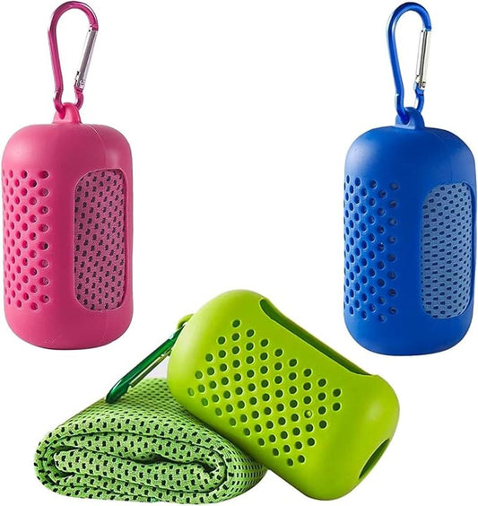 Three cooling microfiber towels with silicone carry sleeves in pink, blue, and lime green