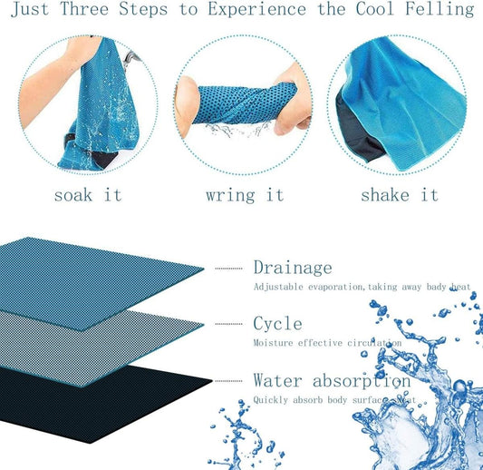 Cooling microfiber towel shown soaking, wringing, and shaking with water droplets