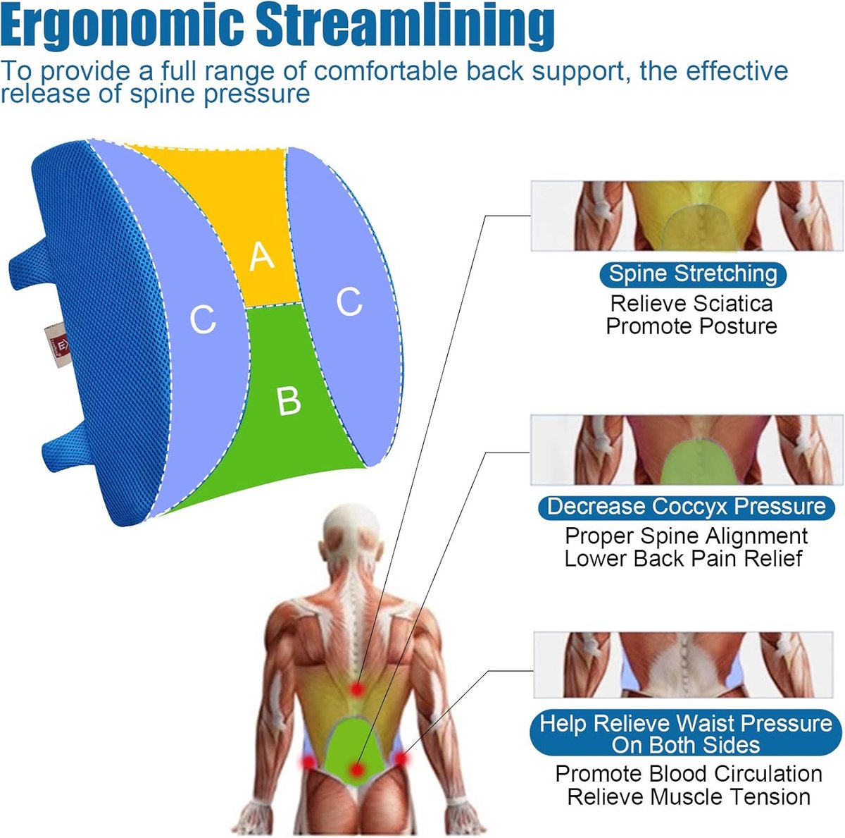 Ergonomic Lower Back Cushion - Memory Foam - Back Support - Lumbar Support - Relieve Fatigue - For Car, Office Chair, Sofa and Bed - Car Cushion - Working from Home - Blue - Back Pain & Sitting Comfort
