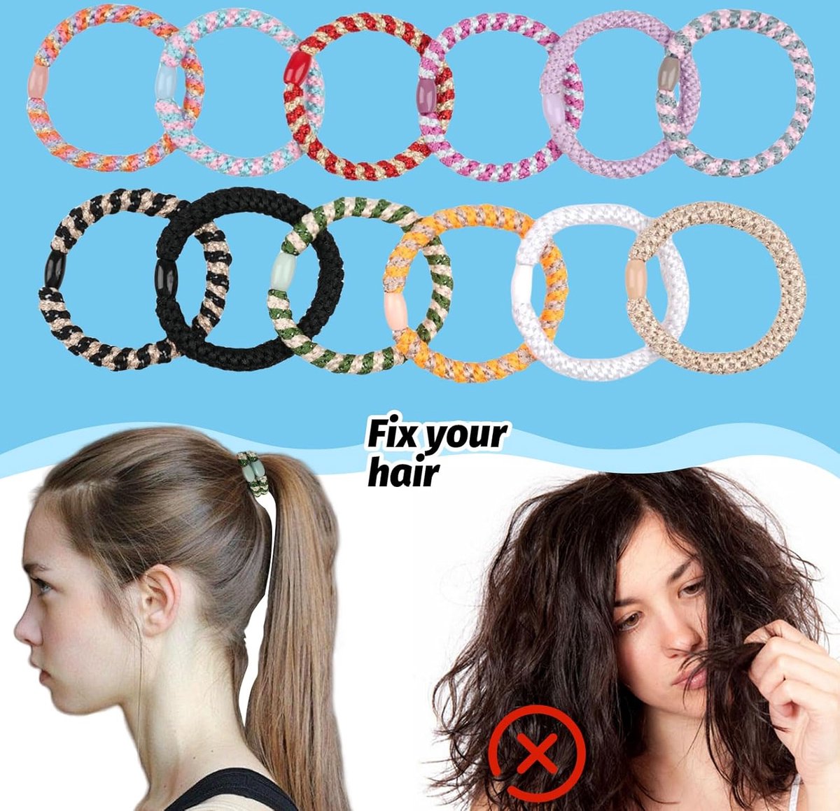 Allecto Plus - Pack of 12 elastic hair ties in various colors, suitable for different hairstyles
