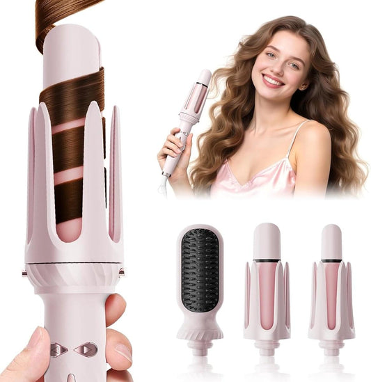 3-in-1 automatic curling iron with interchangeable brush heads, white and pink