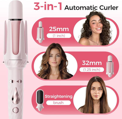 3 in 1 Curling Iron - Automatic Curling Iron - Straightener - Hair Curler - Straightening Brush - 25mm and 32mm - French Wave Curling Iron - Heated Brush - Portable Rotary Curling Iron - Heat and Travel Protection - Curling Irons - Thermal Brush - 3 in 1