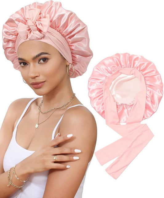 Pink satin sleep cap with ruched crown and gathered brim