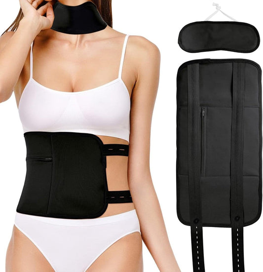 Black fabric castor oil pack with adjustable straps, worn at the waist and abdomen