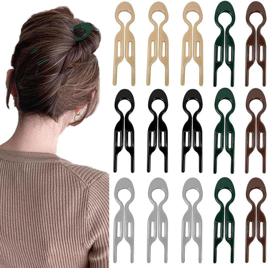U-shaped hair clips set, assorted beige green brown black on display