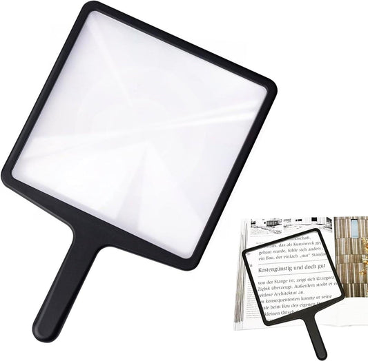 Handheld 3x magnifying glass with black frame and square clear lens