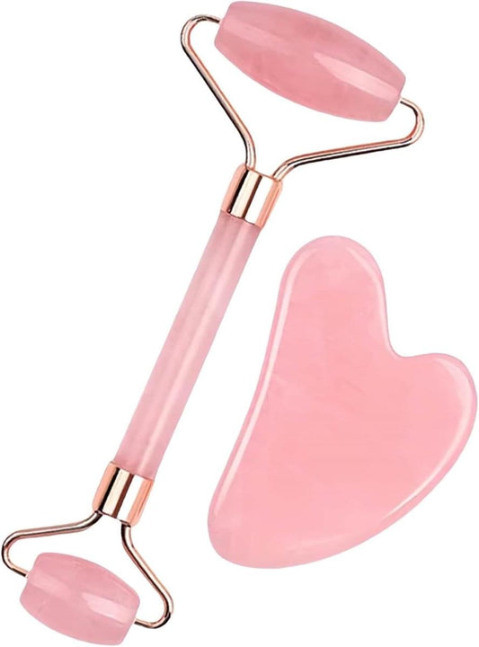 Rose quartz facial roller with pink stone and rose-gold metal frame