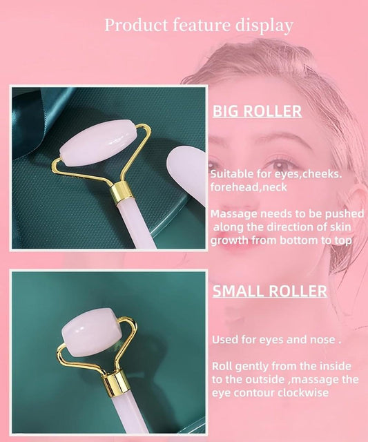 Light pink facial roller set with rose-gold handles, large and small heads