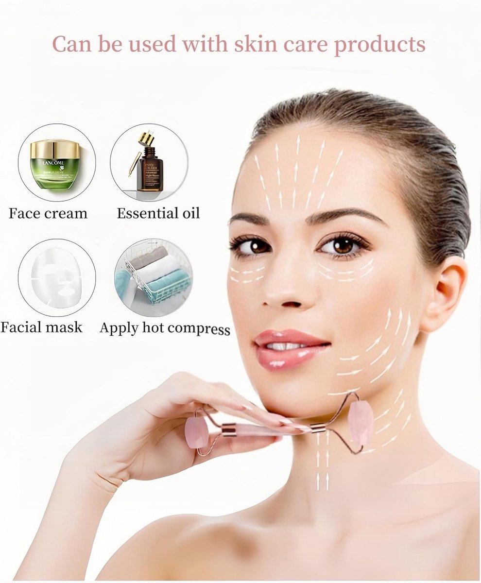 Rose Quartz Jade Roller & Gua Sha Stone - Facial Roller & Gua Sha Set - Natural Jade Roller - Facial Roller - Jade Roller - Facial Massage - for Lymphatic Drainage, Anti-Aging, Wrinkle Reduction, Anti-Puffiness & Radiant Skin