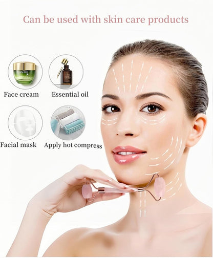 Rose Quartz Jade Roller & Gua Sha Stone - Facial Roller & Gua Sha Set - Natural Jade Roller - Facial Roller - Jade Roller - Facial Massage - for Lymphatic Drainage, Anti-Aging, Wrinkle Reduction, Anti-Puffiness & Radiant Skin