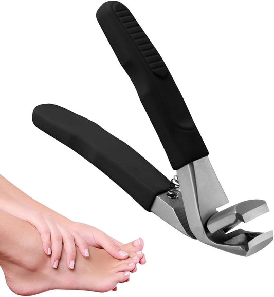 Black toenail clippers with long handle and wide opening, showing cutting blades