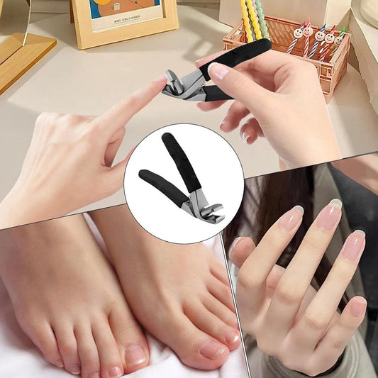 Black toenail clippers held over toes; long handle for easier nail trimming