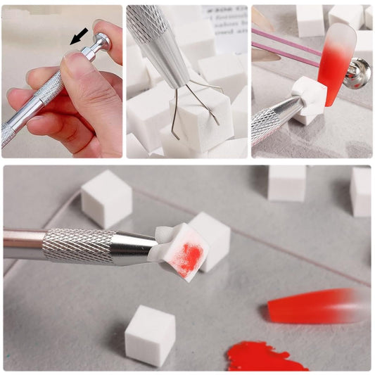 Nail sponge with metal handle applying red polish onto a white sponge for gradient effects