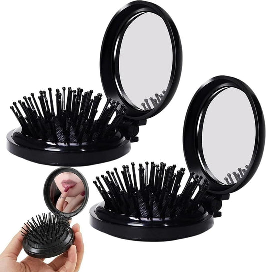Set of 2 foldable hair brushes with mirrors, black bristles, compact size