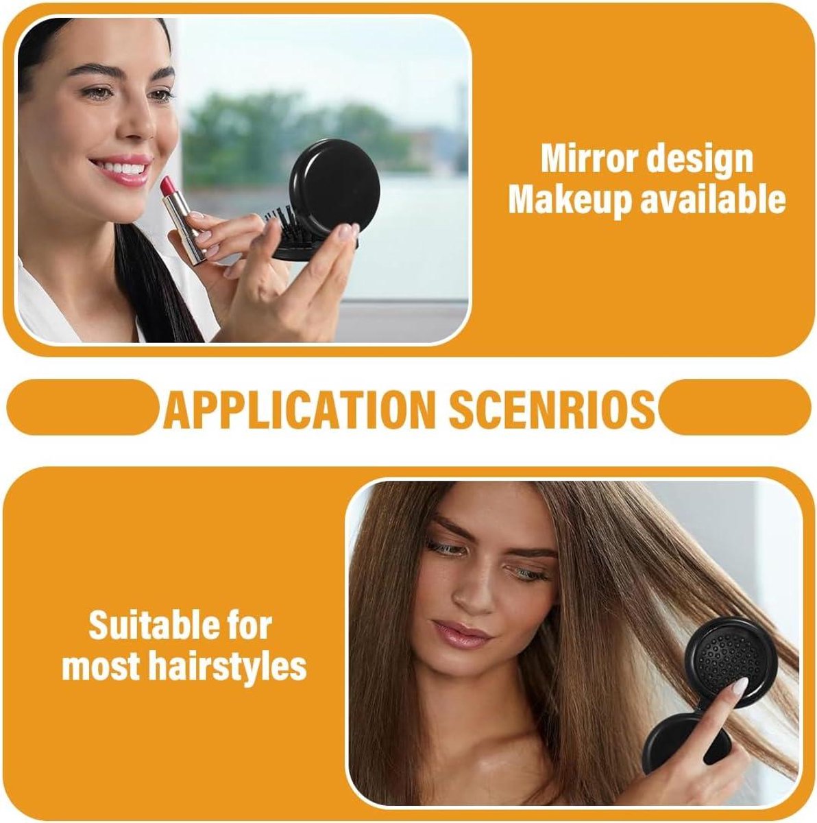 Allecto Plus - Set of 2 Foldable Travel Brushes with Mirror Portable Comb Pocket Massager for Men, Women, and Girls (Travel Size Mini Compact)