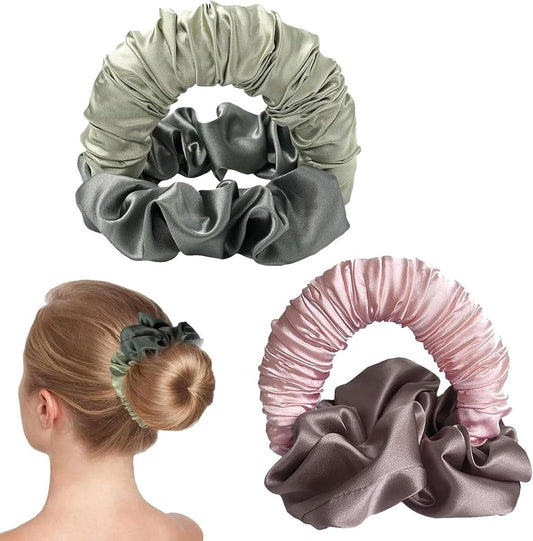 Heatless curl scrunchie rollers: gray satin donut curls, two matching hair bands.