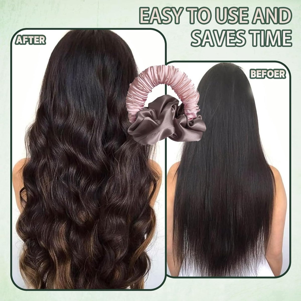 2 pieces - Heatless Curls - Hair curler - hair rollers - Heatless curlers - soft sleep curl scrunchie - for long, medium-length hair - heatless hair curler - satin night curler - lazy scrunchie - hair styling tools - pink and green