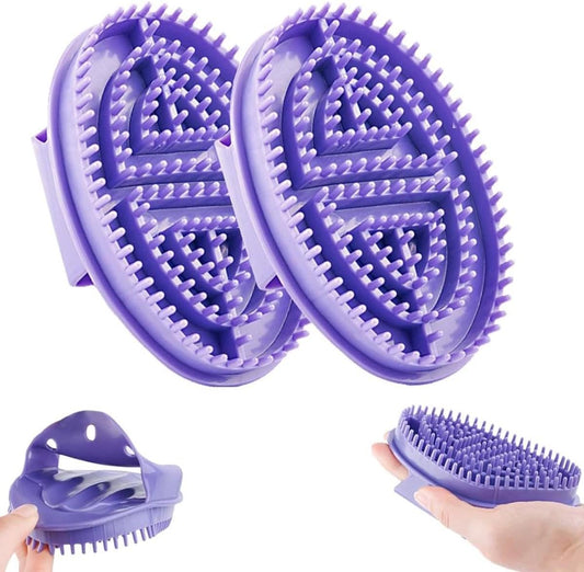 Purple massage body brush with two oval bristle pads