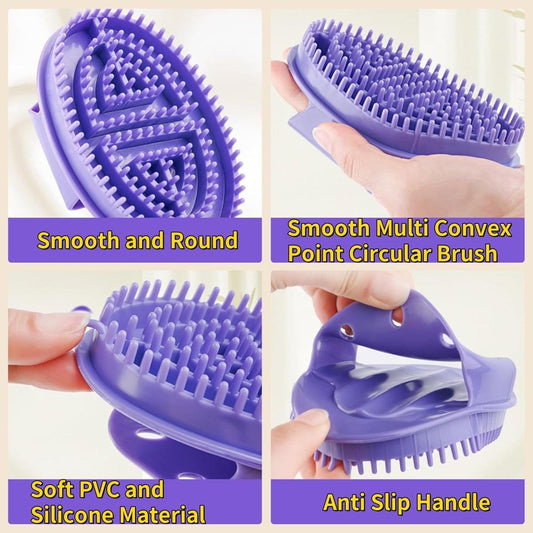 Purple oval massage brush with dense rounded bristles and grip handle