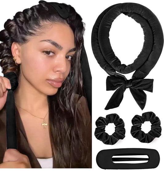 Black heatless curl headband with bow, plus matching hair scrunchies and clips