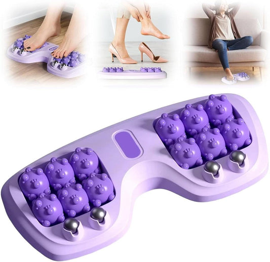 Portable foot massage roller with purple textured nodes and metal knobs, shown with feet