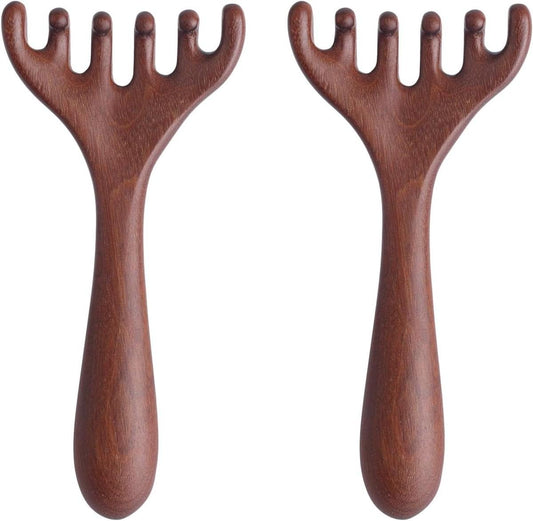 Brown wooden scalp massager comb with double prongs, two-piece set