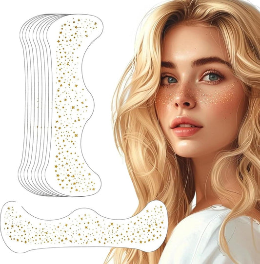 Gold glitter freckle face tattoo sheet outlines with star-speckle sticker shapes