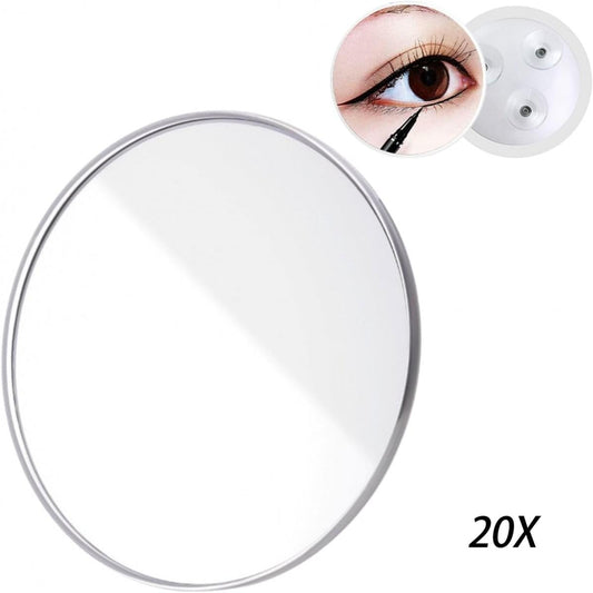 Round magnifying mirror with chrome rim and suction cups, white back